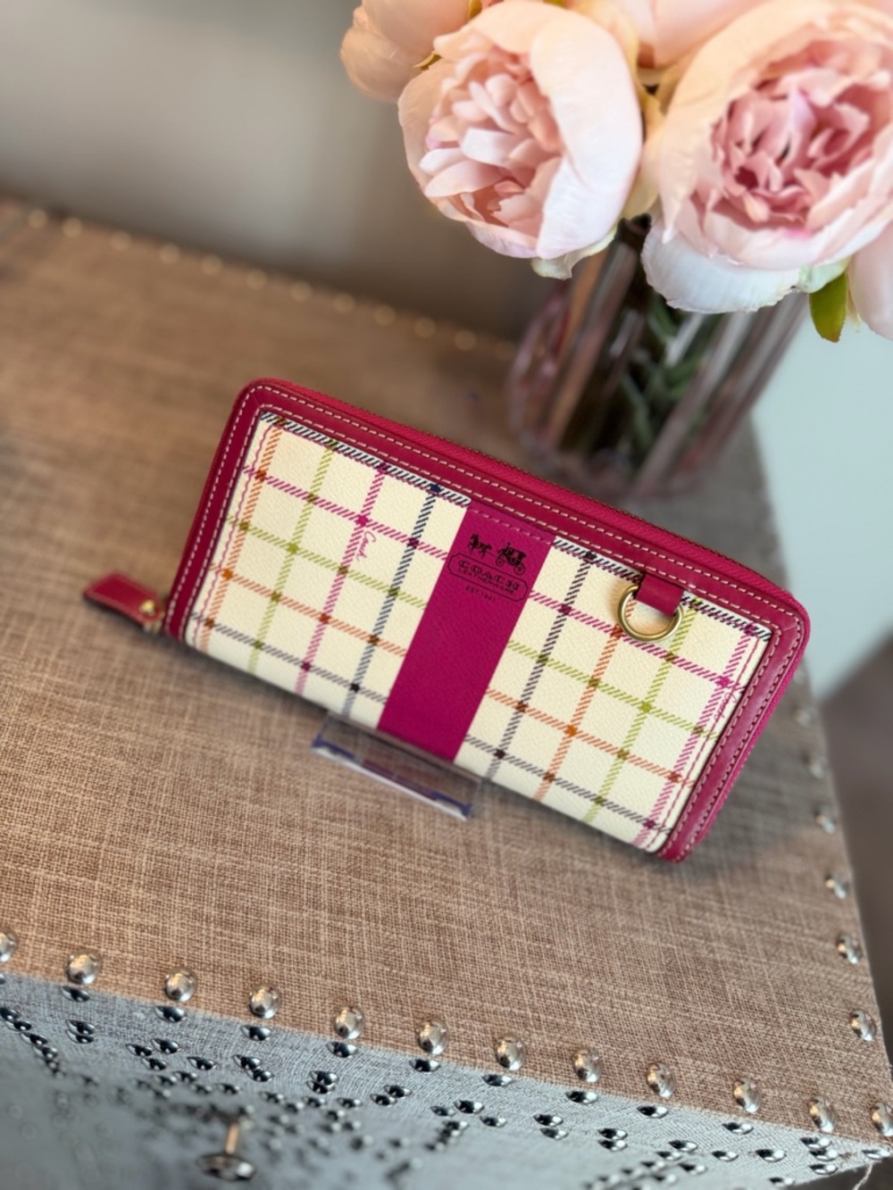 Coach Poppy Pink Plaid Zip-Around Wallet with Multicolor Checked Pattern - Picture 10 of 15